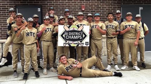 The members of the Round Top-Carmine baseball team celebrate their bi-district series victory over Hull-Daisetta Thursday in Huntsville.