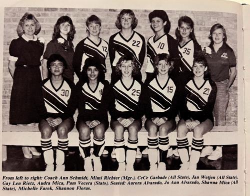 This caption for the photo is updated to include married names: Back: Coach Ann Schmidt-Rigden, Mimi Richter Lahodny (Mgr.), Cece Garbade Oden (All State), Jan Wetjen Anderson (All State), Gay Len Rietz Gaskey, Audra Mica Janecka, Pam Vecera Beesley (Stats). Front: Aurora Alvarado Kalina-Young, Jo Ann Alvarado Chavez, Shawna Mica Bruns (All State), Michelle Farek Sexton, Shannon Florus Dyer.