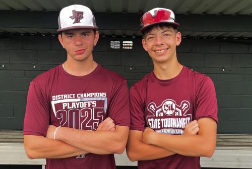 Fayetteville’s Kandon Kaspar, left, and Dylan Henneke, right, have both jumped in as freshmen and made an immediate impact for the Lions baseball team. Photo by Jeff Wick