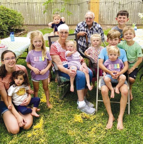Devon Boehnke and Virginia Tappe with their nine great grandchildren at Easter.