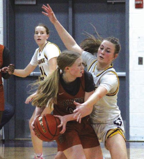 La Grange’s Campbell Cooper, right, plays some tough defense Tuesday. She also scored a team-high 16 points. Photo By Jeff Wick