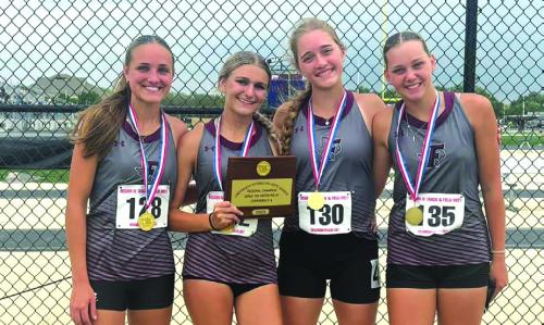 The Fayetteville girls 4x100 team won regionals and will compete at the state meet Saturday at 5 p.m. Shown here are the team members with their regional championship medals and plaque. Left to right: Cambree Denham, Aubree Graeter, Olivia Dominey, and Maycee Miller. Other state qualifiers for Fayetteville include Cole Jurecka in the 110 hurdles, Lawson Fritsch in the pole vault and the 400 meters, Cambree Denham in the high jump and pole vault, and Jack Schley in the long jump and the triple jump