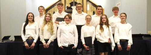 Music students pictured front from left: Kaylee Wolff, Chloe Shaver, Elizabeth Richardson, Miriam Meyer, Isabella Bradley, Rayli Woelfel; back row: Hudson Stueber, Jay Woelfel, Elijah Kueck, Grant Oltmann, Daniel Lehmann.