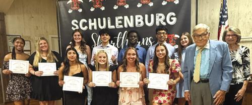 Pictured front from left: Ruby Rodriguez, Madison Kunschick, Mikayla Otto, Fay Kutac, Ted Stanzel; Dorothy Huebel, Scholarship Team Member; back row: Jazmine Nelson, Shelby Davis, Madyson Holub, Edgar Mandujano; 2024 Scholarship Recipients: Rodney Walton Jr., Nicolas Lopez, Riley Zapalac.