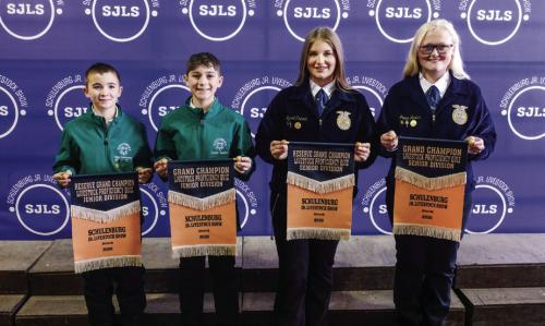 Winners of the livestock proficiency quiz were (from left) Gage Smrkovsky-junior division reserve champion, Crockett Guenther-junior division grand champion, Kyrroll Prihoda-senior division reserve champion, and Jolene Jarvis-senior division grand champion.