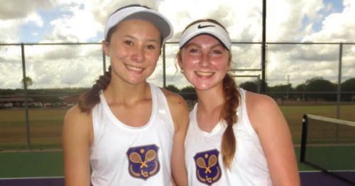 Eleanor Carey and Ella Nygren, who defeated Caldwell’s #1 girls doubles team in three sets Monday.