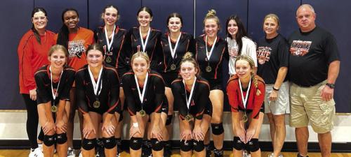 The members of the Schulenburg volleyball team pose with their medals after winning the championship in the Silver Bracket at the Goliad Tournament.