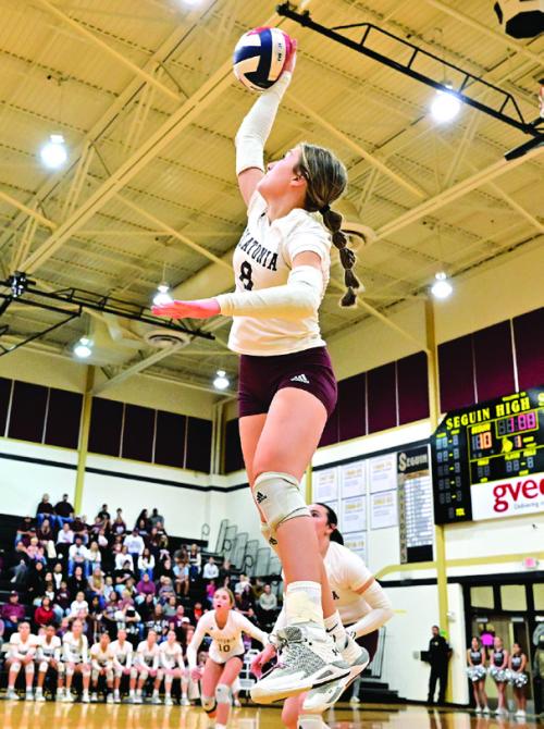 Greenli VanZandt goes up for a hit for Flatonia Thursday in Sequin in the regional semifinals against Johnson City. Photo by Stephanie Steinhauser