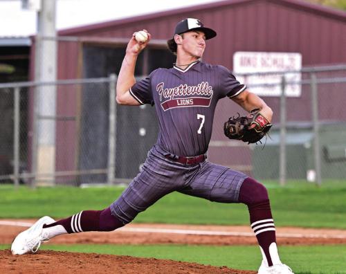 Fayetteville’s Jack Schley pitches in Tuesday’s victory over Flatonia. Photo by Stephanie Steinhauser