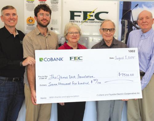 The James Dick Foundation for the Performing Arts received a $7,500 grant from FEC and Co-Bank. Pictured above are FEC General Manager/CEO Doug Lambert, Round Top Festival Institute Program Director Iverson Eliopoulos, Round Top Festival Institute Associate Curator of Collections Pat Johnson, Round Top Festival Institute Founder &amp; Artistic Director James Dick, and Round Top Festival Institute Managing Director Lamar Lentz.