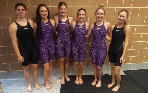 The La Grange swimmers at state – left to right, Makenna Emmel (alternate), Eleanor Carey, Elena Supak, Adysen Janacek, Lyria Hartley and Lillian Carey (alternate).