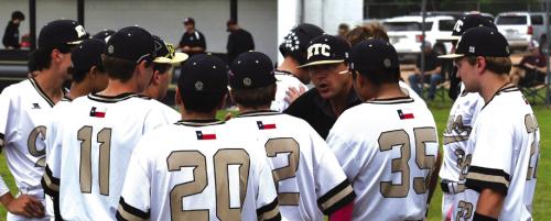 Round Top-Carmine Baseball coach Ben Ahrens talks to his team during the game last week against Iola. Photo by Paul Kipp