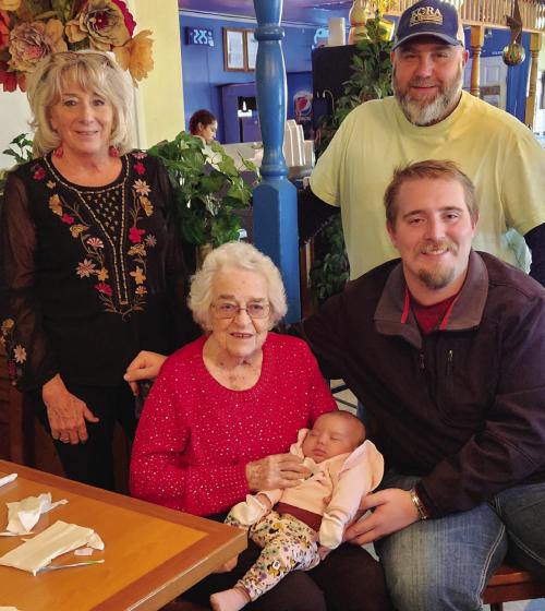 The Kieke family from Wallis gathered in November for Evelyn Kieke’s 94th birthday celebration. This five-generation photo was captured at the event. Pictured are Evelyn Kieke holding her great-great granddaughter Bellamour Santi Juarez Becka; Evelyn’s daughter Carol Becka, at left; her son Ryan and his son Hayden.