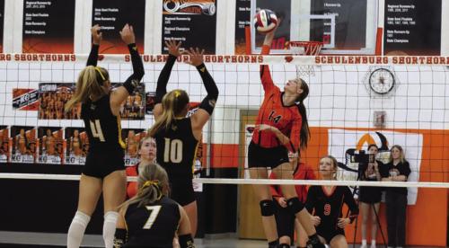 Schulenburg’s Emmrie Marx spikes the ball in Friday’s win over Sealy. Photo by Audrey Kristynik