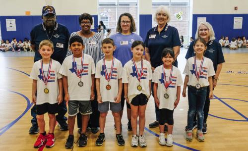 Winners of the La Grange Elementary Jumpathon were (front, from left) Boys’ Division - 1st Place Brantley Koehl, 2nd Place Giovani Orona and 3rd Place Krugher Smidovec; Girls’ Division - 1st Place Everly Herbrich, 2nd Place Jalen Salas and 3rd Place Vivian Roesler. Also pictured are the contest organizers (back, from left) Jeff Kelly, La Grange Mayor Jan Dockery, Misty Touchet, Lisa Hayes and Karen Forest.