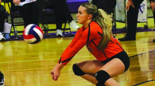 Schulenburg’s Jenna Guenert digs a ball in Friday’s win over Shiner. Photo by Audrey Kristynik