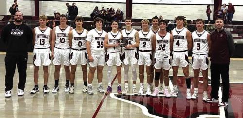 The Fayetteville boys basketball team continues to show they are worthy of their No. 9 state rankings. The Lions swept all four games at their home tournament last week to claim the tourney title. The team is shown above with their championship trophy. The Lions beat Thorndale 40-39, beat Brazos Christian 71-49, beat Somerville 71-49 and finally knocked off Flatonia 66-45.
