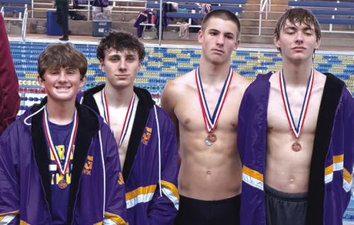 The boys relay team of Rogan Mihatsch (not pictured, but Team Manager Everett Cook is standing in for Rogan as he had to get back for a basketball game), Gavin Cook, Braxton Landis and Van Huette is advancing to regionals.