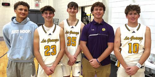 La Grange senior basketball players, left to right, after Tuesday’s victory – Scott Davis, Mason Kleiber, Caleb Stokes, Oliver Gunn and Cole Collier. Photo by Jeff Wick