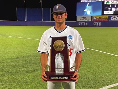 Former La Grange High School standout hurler Wyatt Wick is a senior pitcher on the UT-Tyler baseball team that won their NCAA Division 2 Super Regional over Angelo State Friday in San Angelo. Wick and UT-Tyler are one of eight teams that have earned a berth in the D2 College World Series in Cary, North Carolina starting Friday. Wick is shown here holding the regional title trophy Friday in San Angelo.