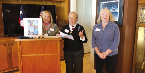 Pictured from left: Kathryn Callaway is holding a portrait of Kathy and Eldon Aydelotte; Sally Reynolds, Community Service Awards Chair; and Janet Murphy.