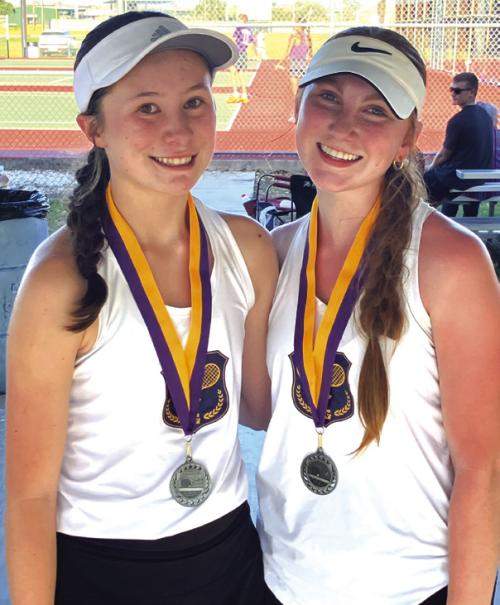 La Grange’s Eleanor Carey, left, and Ella Nygren, right, placed second in girls doubles at the Shiner Tennis Tournament Tuesday.
