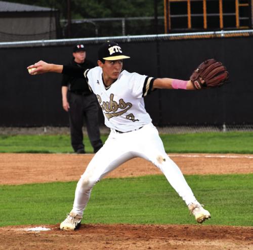 William Neese pitches for Round Top-Carmine in Tuesday game against Iola. Photo by Paul Kipp