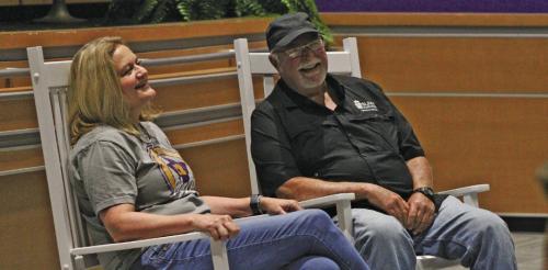 LGISD retirees Laurie Stork and Freddie Behnke were presented rocking chairs Friday at the school’s End of Year Convocation. Photo by Meadow Taylor-Marklin
