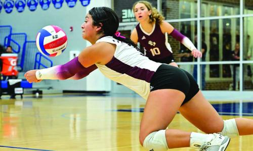 Flatonia’s Elzah Herrera digs the ball in Game 1 of Tuesday night’s bidistrict victory over Yorktown. Photo by Stephanie Steinhauser