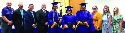 Pictured here are Leopard Academy supervisor Brad Harbers, La Grange High School Assistant Principal Nathan Truex, La Grange High School Principal John Pineda, LGISD School Board President Gary Drab, graduates Nahqi Wilson, Leila Davis, and Nicholas Rodriguez, La Grange High School Counselors Charlee Hernandez, Lori Kallus, and Amanda Lamza. Photo by Regina Keilers