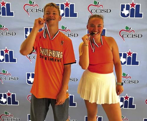 The Schulenburg mixed doubles tennis team of Caden Herzik, left, and Mikayla Otto, right, qualified for the state tennis tournament by placing third at regionals. They competed at state May 15 in San Antonio, losing in the first round to a duo from Fort Hancock.