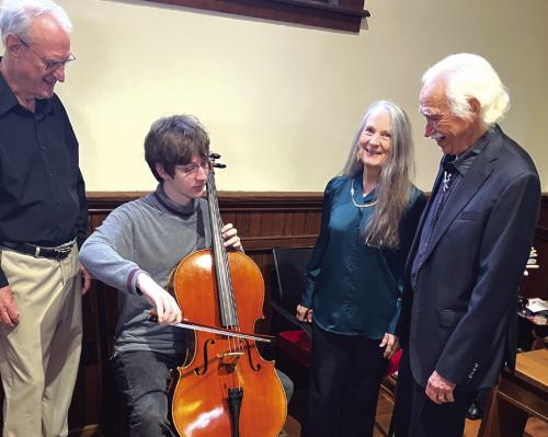Left to right: Rev Ken Kesselus, cellist Luke Huser, music directors Mary and Don Kirby