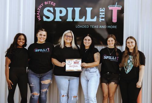 Spill the T Group photo: left to right - Shauntaisha (Taisha) Blackwood, Madelynn Peter, Tiffany Peter (owner), Halie Johnson (general manager), Kaytelynn Allen and Madison Proske.