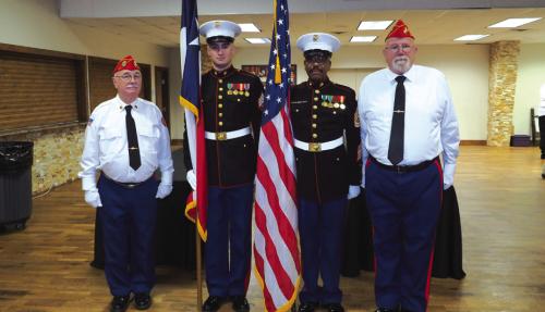 This the Color Guard provided by Marine Corps League Detachment 1028. Left to right are Richard Chance (Commandant), Montana Ollie, Willie Mathews, and David Wyman.
