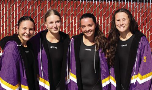 The Girls 200 Freestyle Relay team, consisting of, from left to right, Adysen Janacek, Paige Michalke, Celeine Fabre, and Eleanor Carey, made waves with a new school record of 1:56.74, besting their previous time from three weeks ago. Photo by Katy Michalke