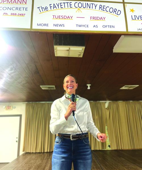 Hundreds were in attendance Saturday for a Town Hall meeting with Round Top’s newly elected mayor, Judith Vincent (above) at the Rifle Hall. Discussion centered on the vision and priorities for the town. Photo courtesy of Craig Moreau