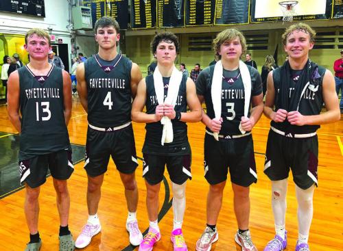 The five seniors on the Fayetteville basketball team are shown here after Friday’s 100-43 victory over RTC. They are, left to right, Cole Jurecka, Jack Schley, Mason Fenhaus, Kasen Kocian and Kole Schmitt. Photo by Jeff Wick