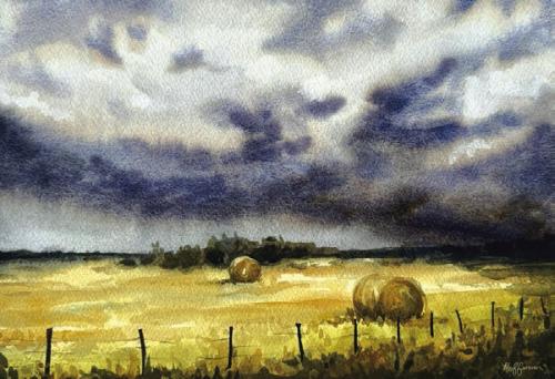 Allyson Hoffman’s watercolor “Bales and Brooding Skies.”
