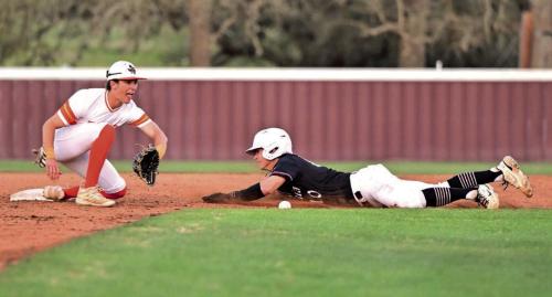 Flatonia senior Titan Targac beats the throw to second in Tuesday’s victory over Schulenburg. Photo by Stephanie Steinhauser