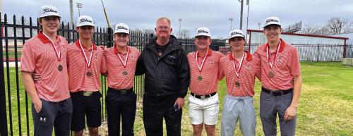 The Schulenburg golf team placed 3rd last week at the Columbus Tourney and 1st place individual was Shorthorn Brycen Schramek. Shown here is Jayse Janda, Brant Redman, Reid Janda, Coach Hoogendoorn, Brysen Schramek, Cooper Demel, Van Prihoda.
