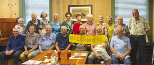 Pictured front from left: Nelson Aschenbeck, Benny Hajdik, Lanny Havemann, Leonard Meinkowsky, Teddy Hajdik, James Zwernemann, and Wayne Wagner; back: Marilyn Ullrich Oevermann, Jeanette Pfeiffer Schoenst, Shirley, Foehr Cantrell, Delores Albers Bayer, LaVerne Aschenbeck Albers, Fay Neutzler Weigelt, Delores Goehring Neutzler, MaeDell Zwernemann Hanath, Patsy Klatt Delk, Pauline Sommerlatte Zwernemann, and Wilton Schoenst.