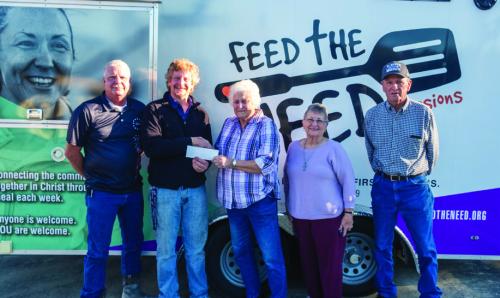St. John Lutheran Church of Ellinger made a donation to Feed the Need Missions last week. Members of the Church Council presented the donation to Dr. Jeremy Finch of Feed the Need. Pictured are (from left) Scott Lucky of St. John Lutheran Church, Dr. Jeremy Finch, and Lucille Koehl, Annie Mueller and J.R. Koehl of St. John Lutheran Church. Staff photo by Andy Behlen