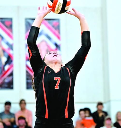 Schulenburg’s Landry Zapalac sets a ball on Tuesday’s victory over Flatonia. Photo by Stephanie Steinhauser