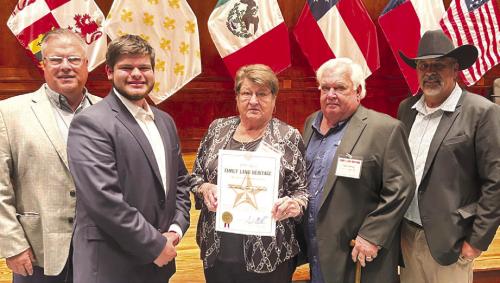 Pictured here are Charles and Sandra Beettner, their sons, Charles Beettner, Jr. and Steven Beettner and seventh generation owner Therren Beettner, son of Charles Beettner, Jr. They were recognized recently as a part of the Texas Family Land Heritage Program for having a working family farm for 100 years or more.