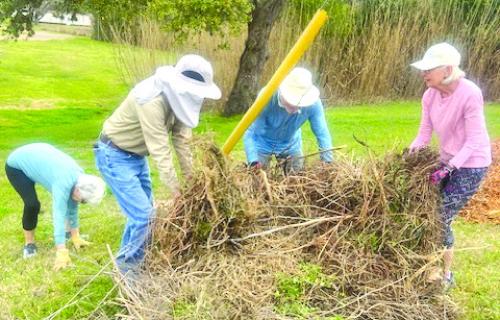 Carolyn and Bob McCrory, Tom and Karen Bookout clearing brush out at the park.