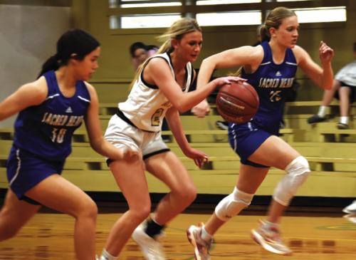 Round Top-Carmine’s Tess Eilers dribbles down the court in Friday’s victory over Hallettsville Sacred Heart. Photo by Paul Kipp