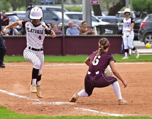 Emma Kosler beats out the throw from third in final home game of the season Friday night against Ganado. Photo by Stephanie Steinhauser