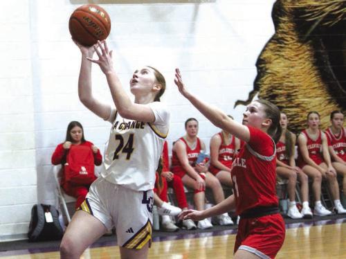 La Grange’s Ella Nygren drives to the basket for two points Tuesday. Photo by Jeff Wick