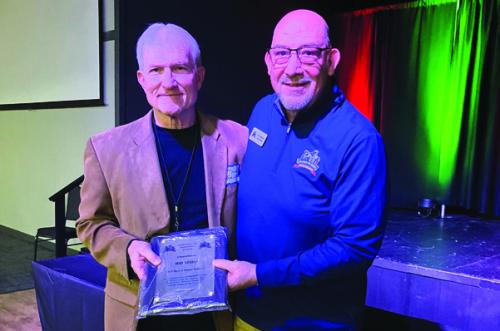 Bill Miller, left, with Eric Forestier, Executive Director of the San Antonio Area Baseball Coaches Association, Hall of Honor Award.