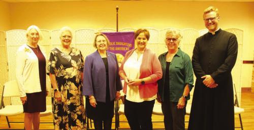 Milestone membership pins were presented, from left, State Regent Virginia Olsovsky, Regent Sherry Hebert, Vice Regent Marilyn Kothmann, twenty-five-year member Jennifer Sanders, fiftyyear member Claudean Saunders, Fr. Chris Smith. Unable to attend was fifty-year-member Delphine Rohan. Photos by Jeff Wick